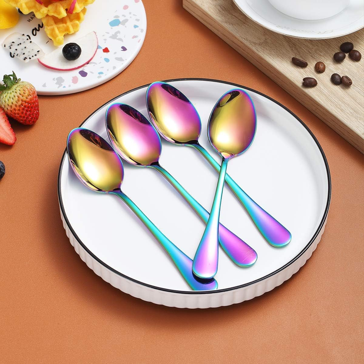 Set of 4 Rainbow Teaspoons, 6.5" Stainless Steel with Titanium Plating, Multi-Color Dessert Spoons, Easy to Clean and Dishwasher Safe
