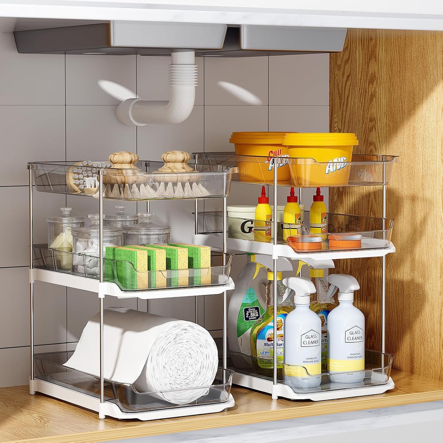 2 Sets of 3-Tier Bathroom under Sink Organizers and Storage, Multi-Purpose Stackable Pantry Organization and Storage, Grey