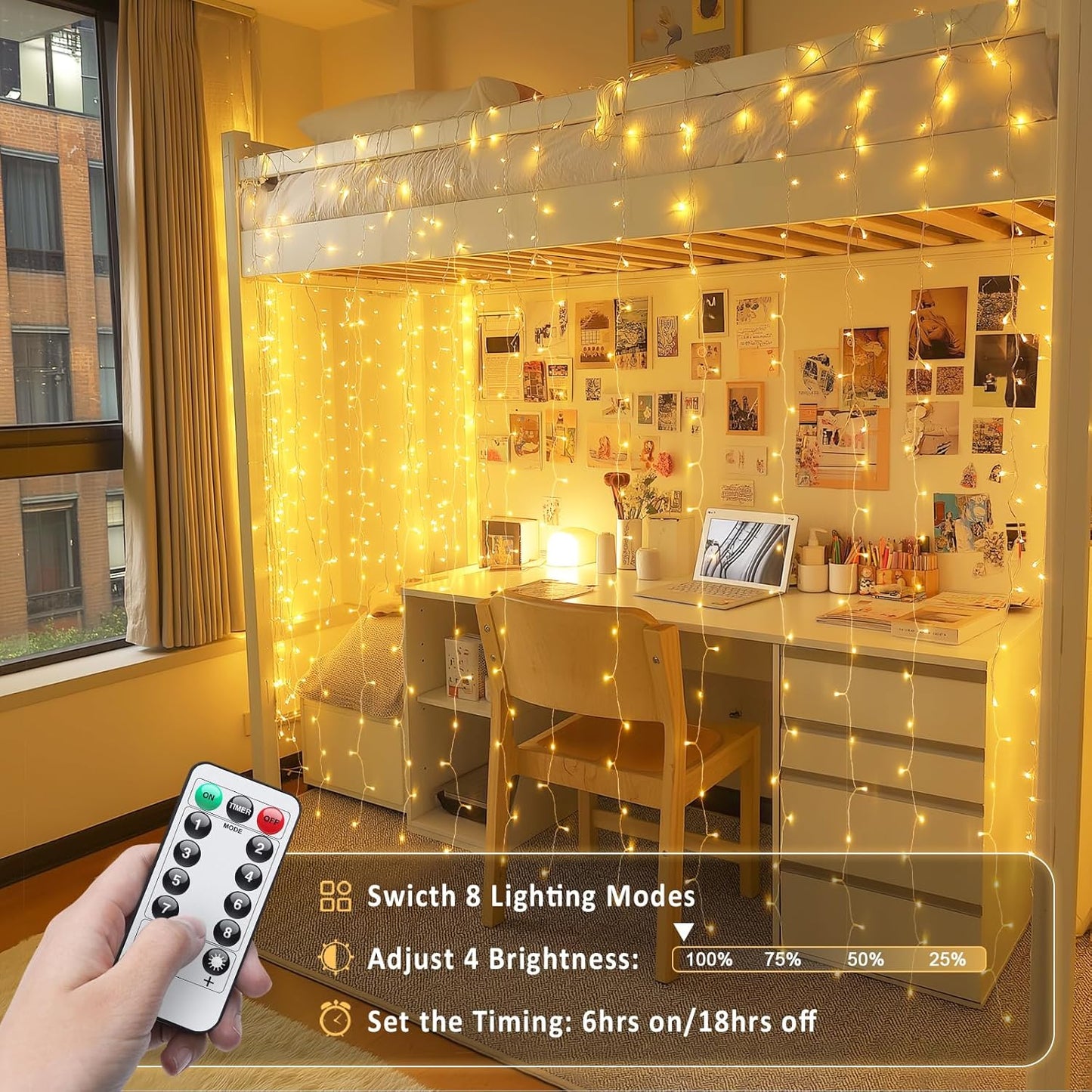 200 LED Curtain Lights for Bedroom, Warm White Hanging Curtain String Lights Indoor, USB Plug in Dorm Twinkle Lights with Remote for Wall Backdrop Wedding Birthday Party Decor, 6.5Ft X 6.5Ft