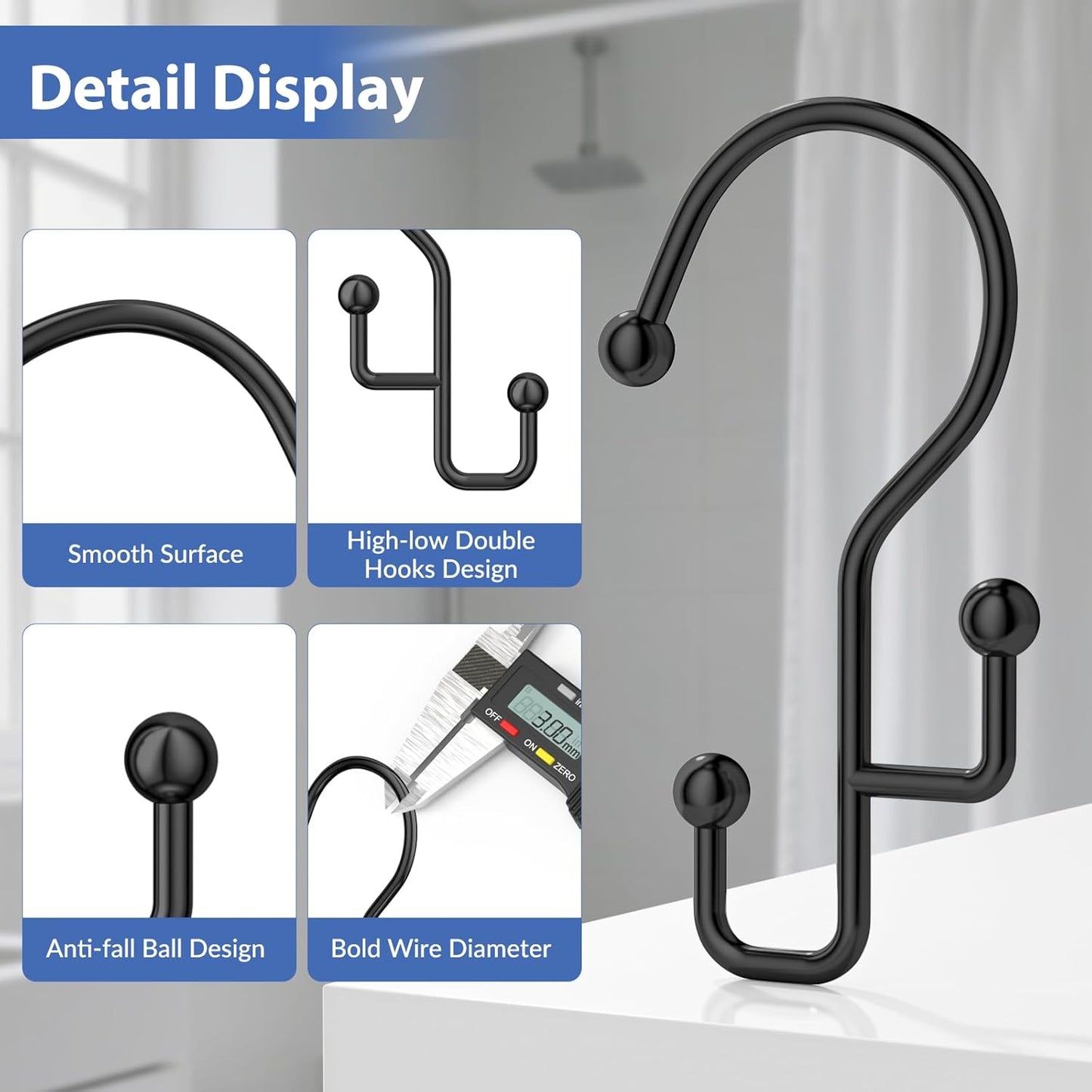 Shower Curtain Hooks, Black Shower Curtain Hooks Rust Proof, Anti-Drop Metal Shower Curtain Rings Hooks, Double Shower Hooks for Shower Curtain, Shower Rings for Curtain & Liner, Black-12 Pcs
