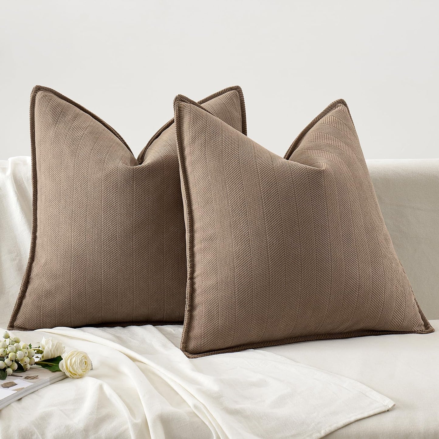 Set of 2 Coco Brown Chenille Decorative Pillow Covers 20x20 Inches - Luxurious Farmhouse Cushion Covers for Sofa, Bedroom, and Living Room Home Decor