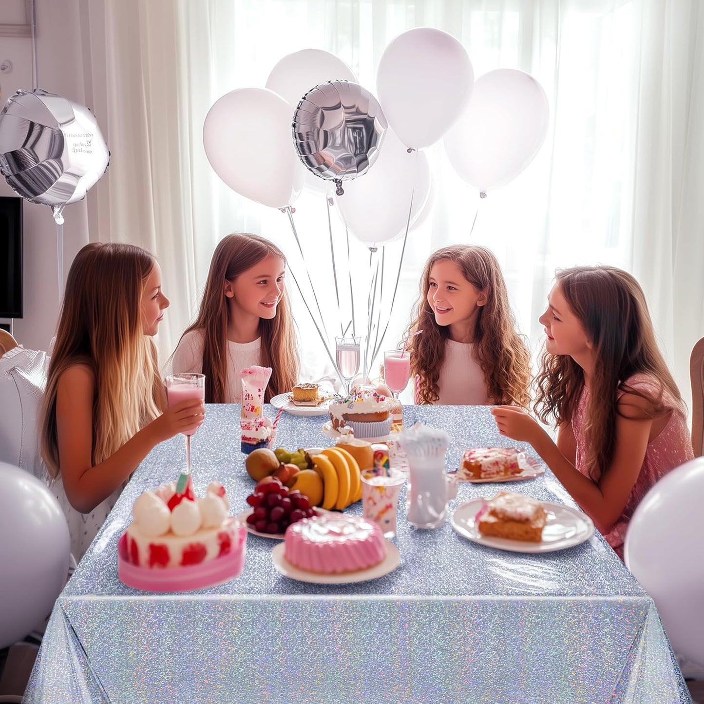 Set of 2 Silver Holographic Foil Tablecloths - 54x72 Durable Table Covers for Elegant Celebrations, Perfect for Parties, Weddings, and Showers