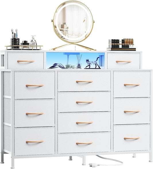 White Bedroom Dresser with LED Lighting and Charging Station, 47" Wide Chest Featuring 12 Fabric Storage Drawers, Versatile Vanity Furniture for Closet and Entryway, Includes 2 Shelves and Metal Frame