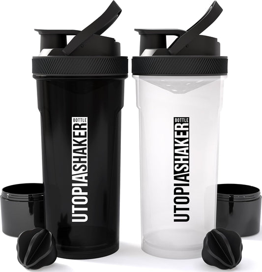 Shaker Bottle 2 Pack - 24 Ounce Plastic Protein or Cocktail Shaker Bottle for Pre & Post Workout with Twist & Lock Protein Box Storage (All Black & Clear/Black)