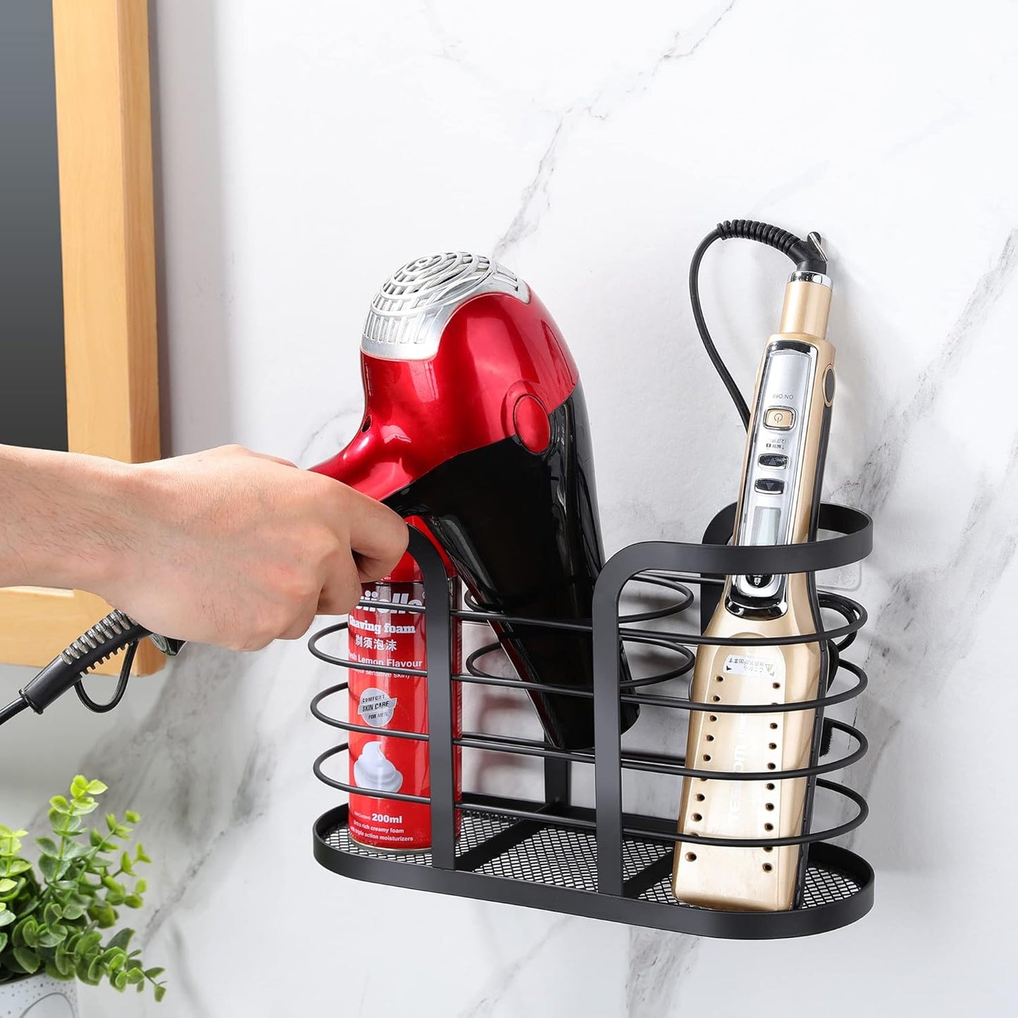 Wall-Mounted Hair Dryer Holder - Adhesive Bathroom Organizer for Hot Tools and Electric Shavers, Black