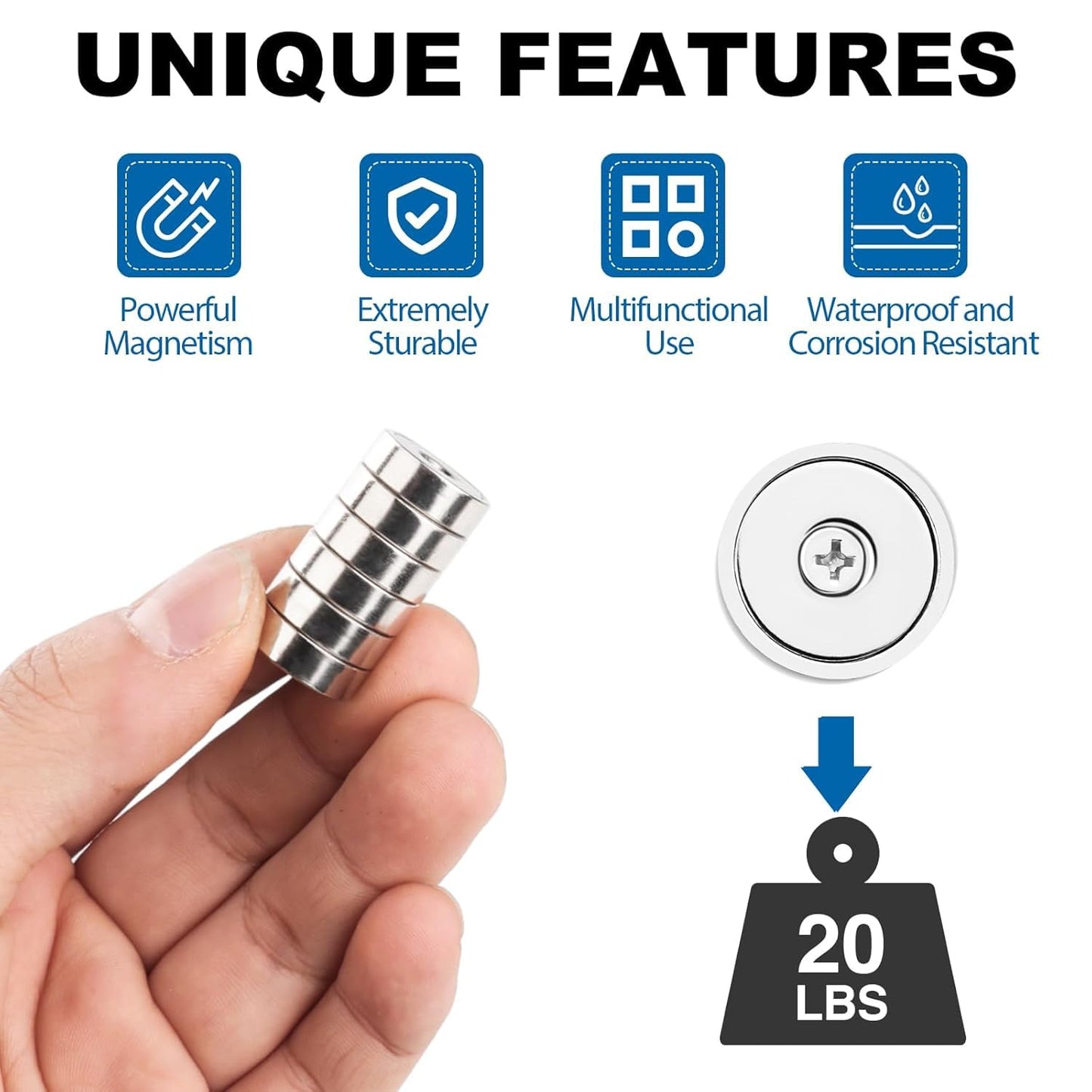 20LBS Neodymium Magnets, 6Pack Rare Earth Magnets with Matching Screws, for Kitchen Doors, Tool Room, Lifting - 0.63X0.19Inch