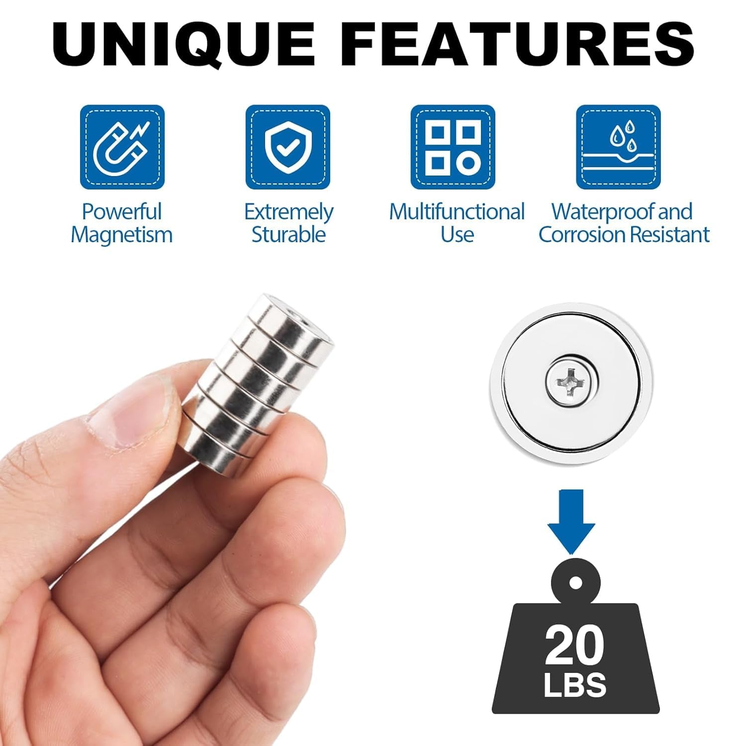 20LBS Neodymium Magnets, 6Pack Rare Earth Magnets with Matching Screws, for Kitchen Doors, Tool Room, Lifting - 0.63X0.19Inch