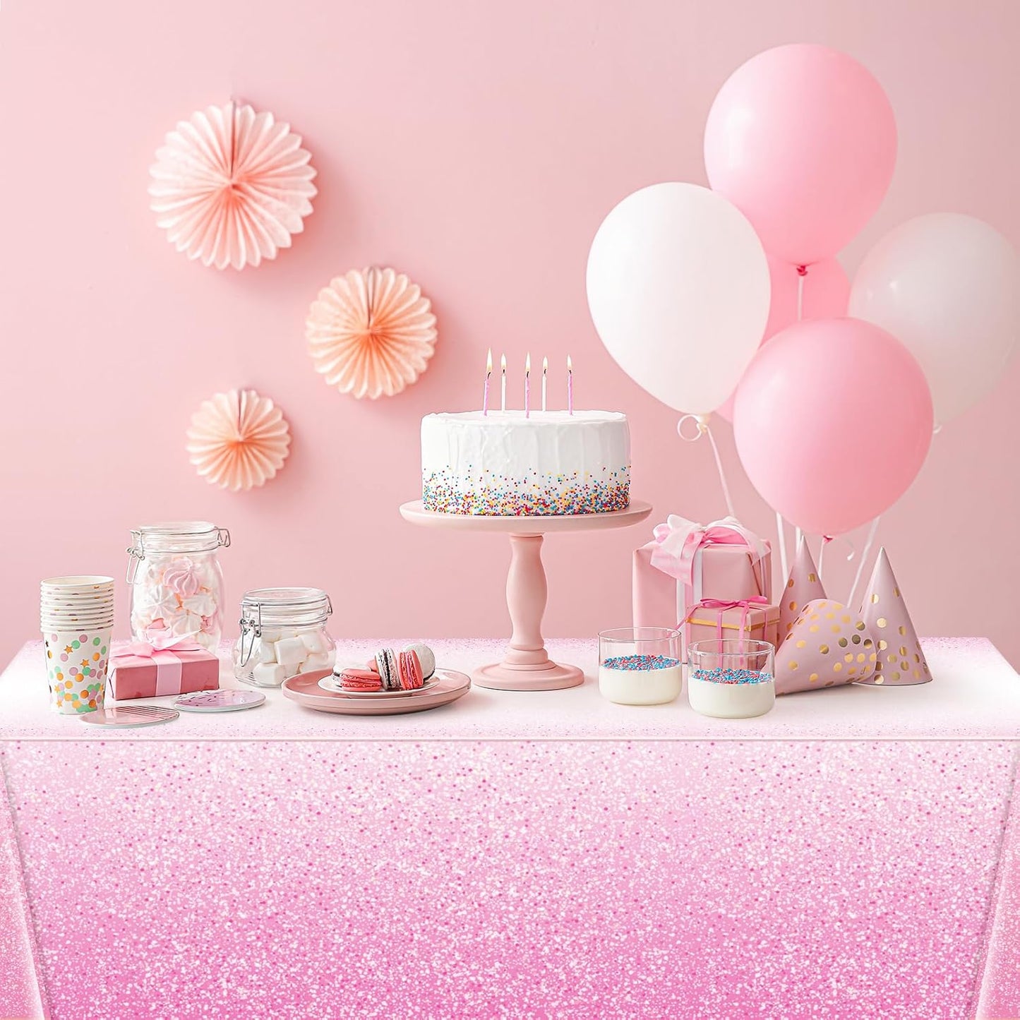 1 Pack Ombre Pink Plastic Tablecloth for Parties, Gradient Pastel Pink Disposable Tablecloths for Rectangle Tables, Light Pink Sprinkle Table Cover for Wedding Birthday Anniversary Party, 54 X 108Inch
