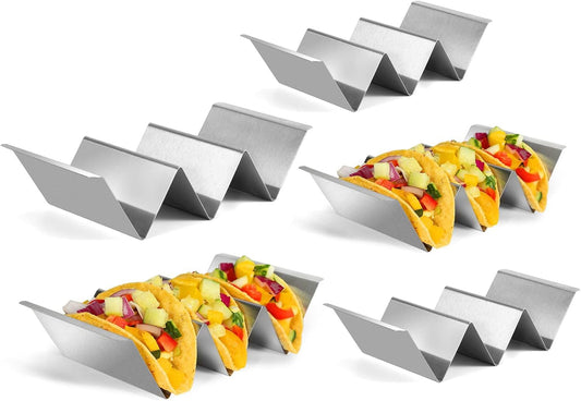 Taco Holders Set of 5, Taco Stand, Stainless Steel Taco Holder, with Easy-Access Handle, Each Can Hold 2 to 3 Tortillas, Oven Safe for Baking, Dishwasher and Microwave Safety