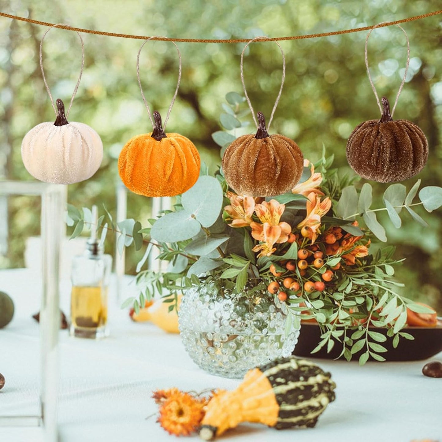 12 Pcs Velvet Pumpkins Fall Thanksgiving Pumpkins Hanging Ornaments Fall Tree Decorations Orange White Brown Velvet Wrapped Pumpkin Ball Decor with Hemp Rope for Thanksgiving Party Tree Farmhouse Home