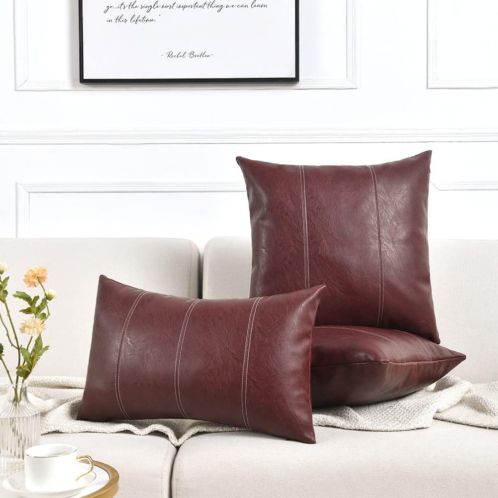 Burgundy Lumbar Waterproof Faux Leather Decorative Throw Pillow Covers 12X20 Inch for Living Room Couch Bed, Modern Farmhouse Boho Home Decor, Wine Red Hand Stitched Cushion Case 30X50 Cm