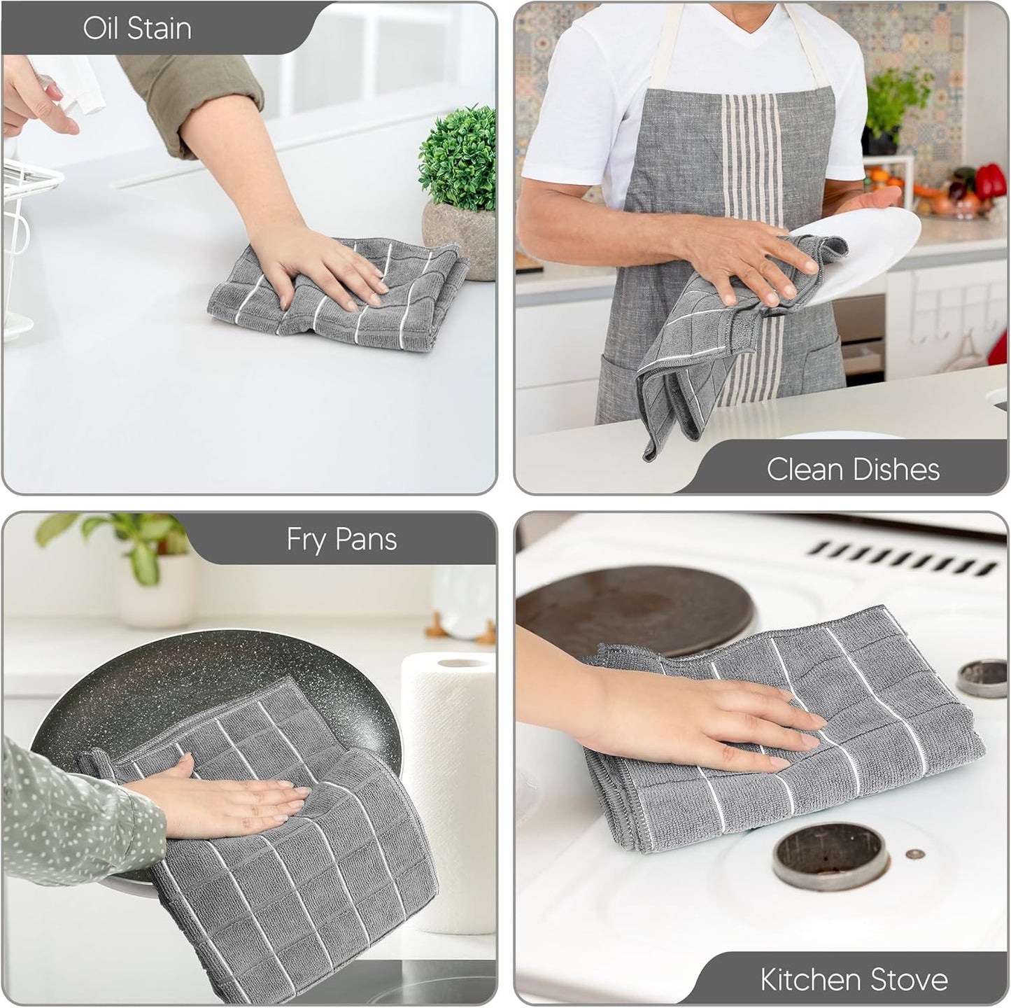 - Microfiber Kitchen Towels, Super Absorbent 12 X 12 Inches, Durable, Soft, and Lint Free Dish Towels, Ideal for Cleaning Dishes, Pans, and Kitchen Appliance (8 Pack, Grey)