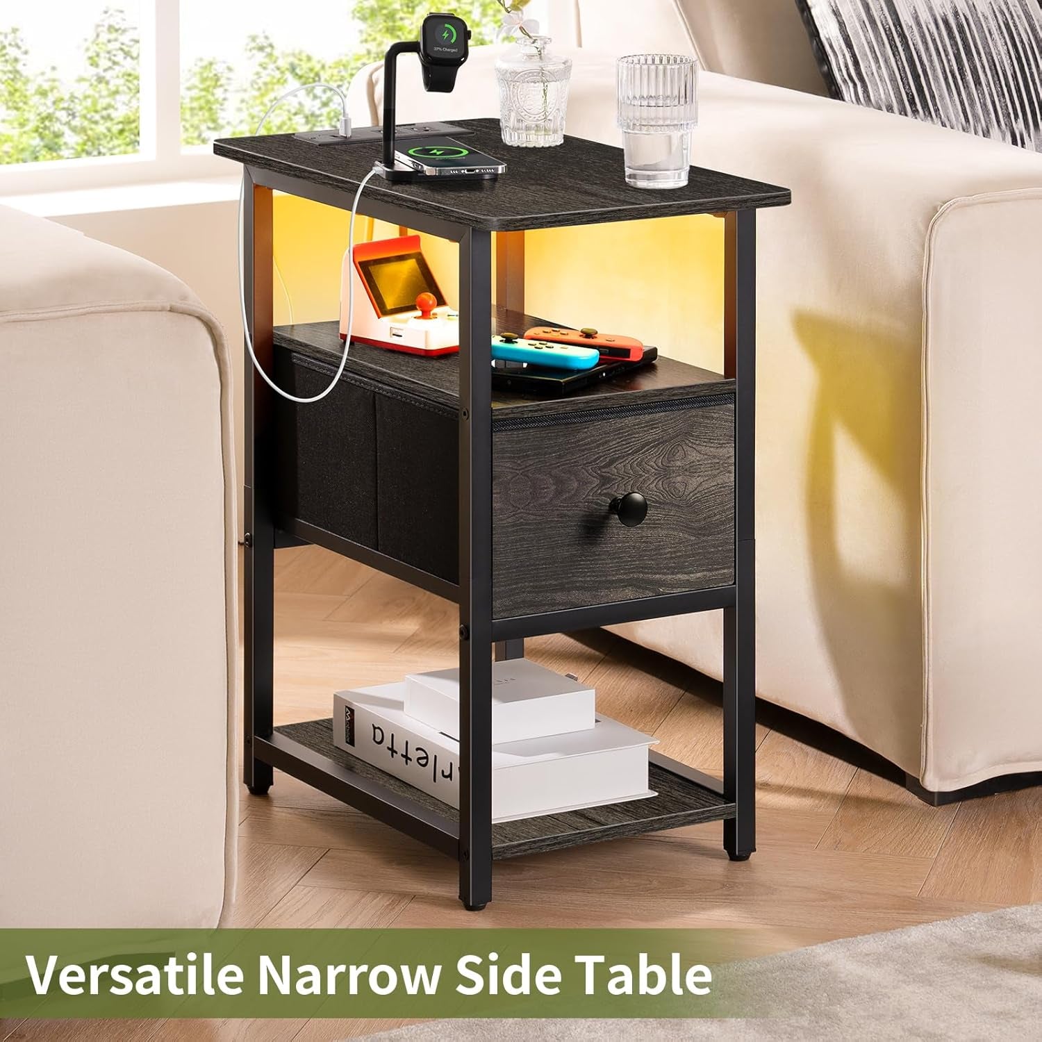 End Table with Charging Station, Narrow Side Table with Adjustable Fabric Drawer, 3-Tier End Tables Living Room, Small Nightstand with Outlets, LED Skinny Night Stand for Bedroom Small Spaces