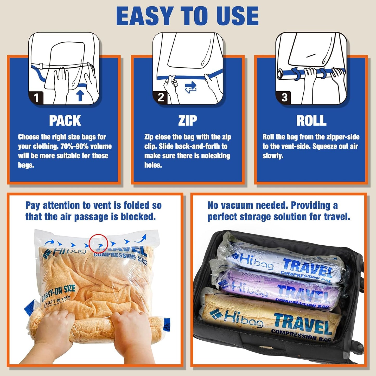 6 Compression Bags for Travel Essentials, Vacuum Packing Space Saver Bags for Cruise Accessories (6-Travel)