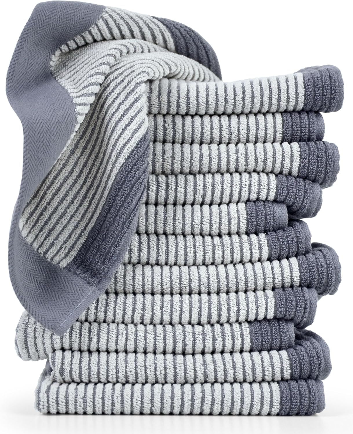 Wash Cloths for Showering, 12 Washcloths with Stylish Jacquard Weaved Design, Cotton Washcloth Set, 13 X 13 Inches, Gray