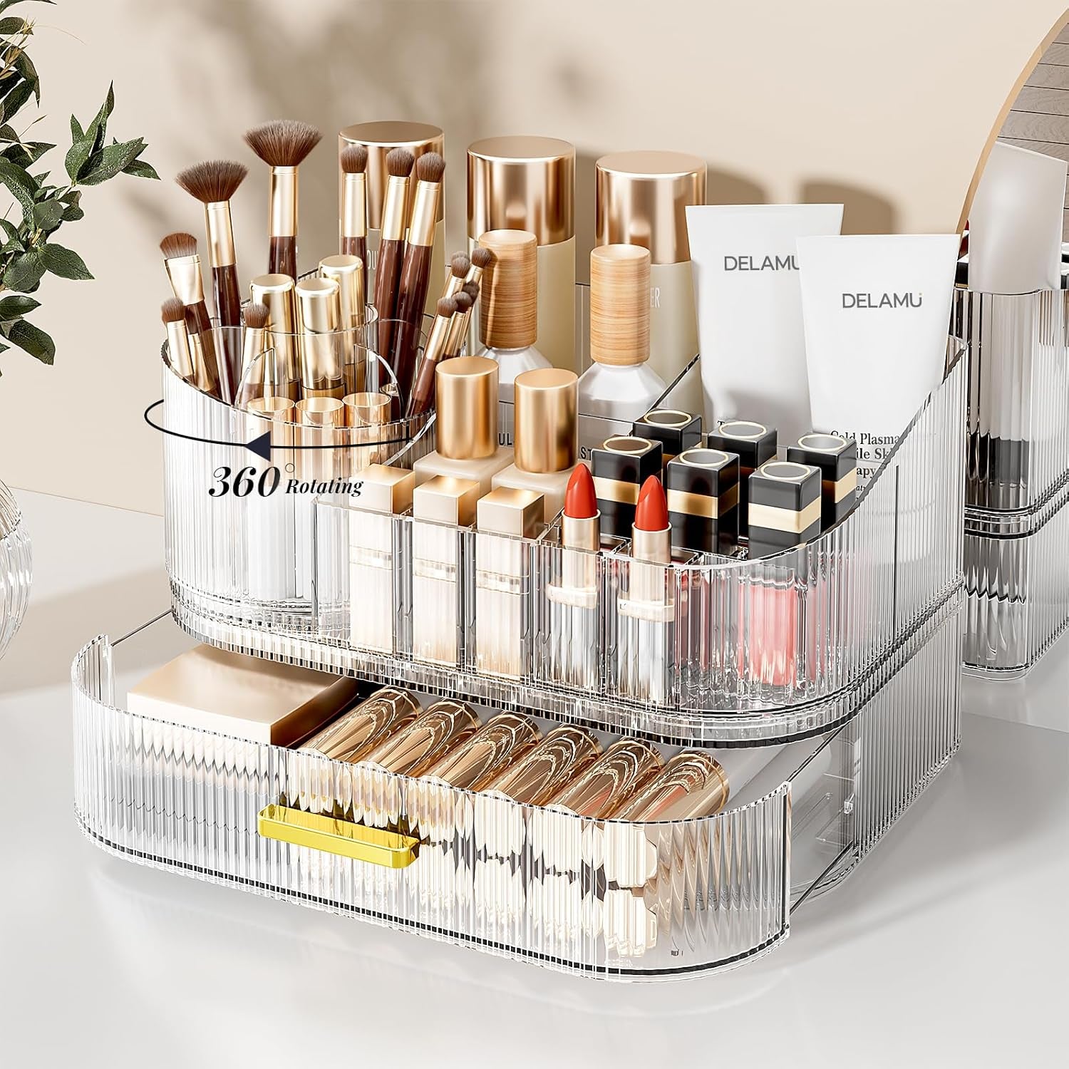 Makeup Organizer for Vanity with Stackable Drawers, 360 Rotating Makeup Brush Holder Large Cosmetic Display Case for Dresser, Bathroom Countertop Skincare Organizers and Storage, Crystal Clear