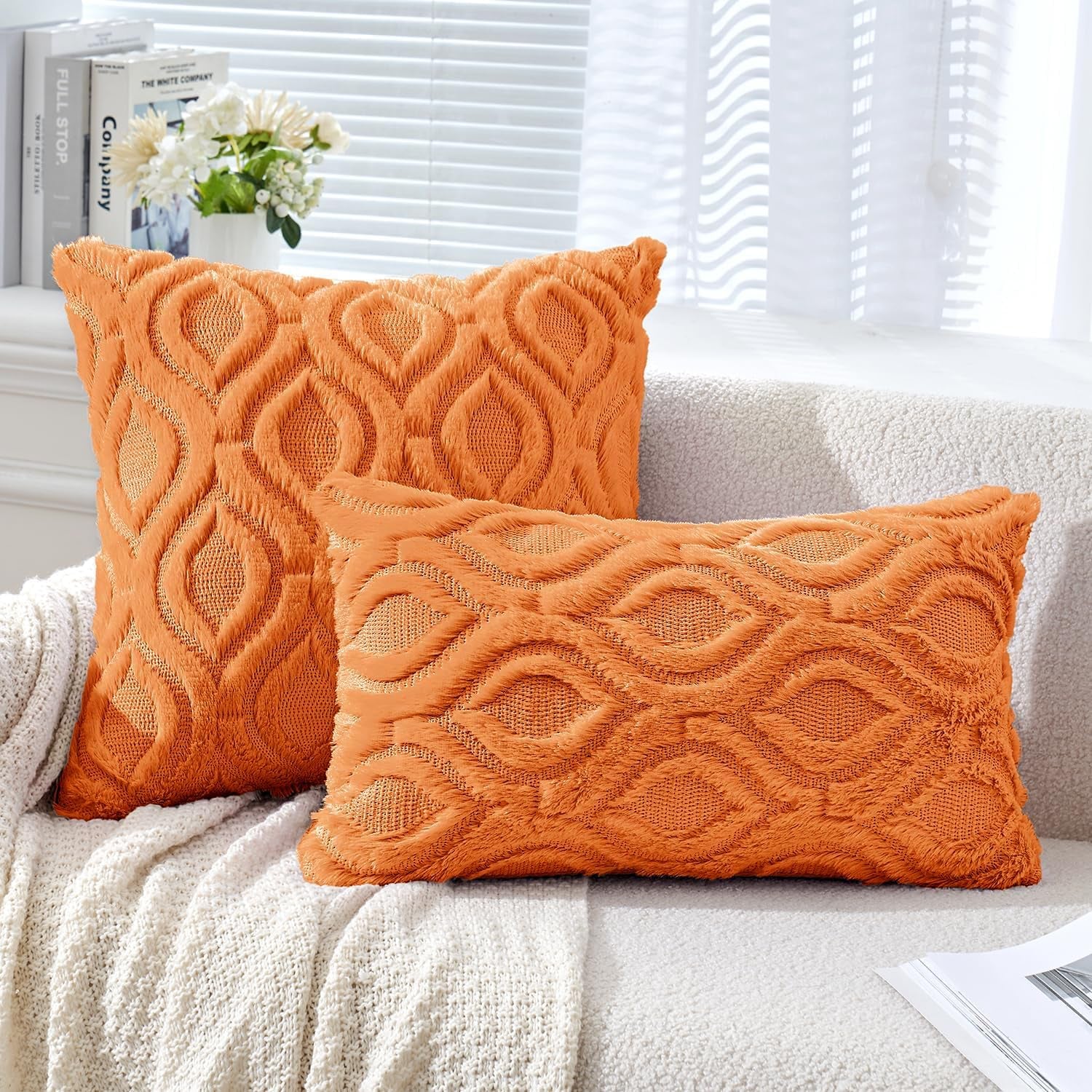 Bright Orange Fall Throw Pillow Covers, 18x18 Inch Soft Plush Faux Wool Set of 2, Decorative Farmhouse Boho Cushions for Sofa and Living Room Home Decor