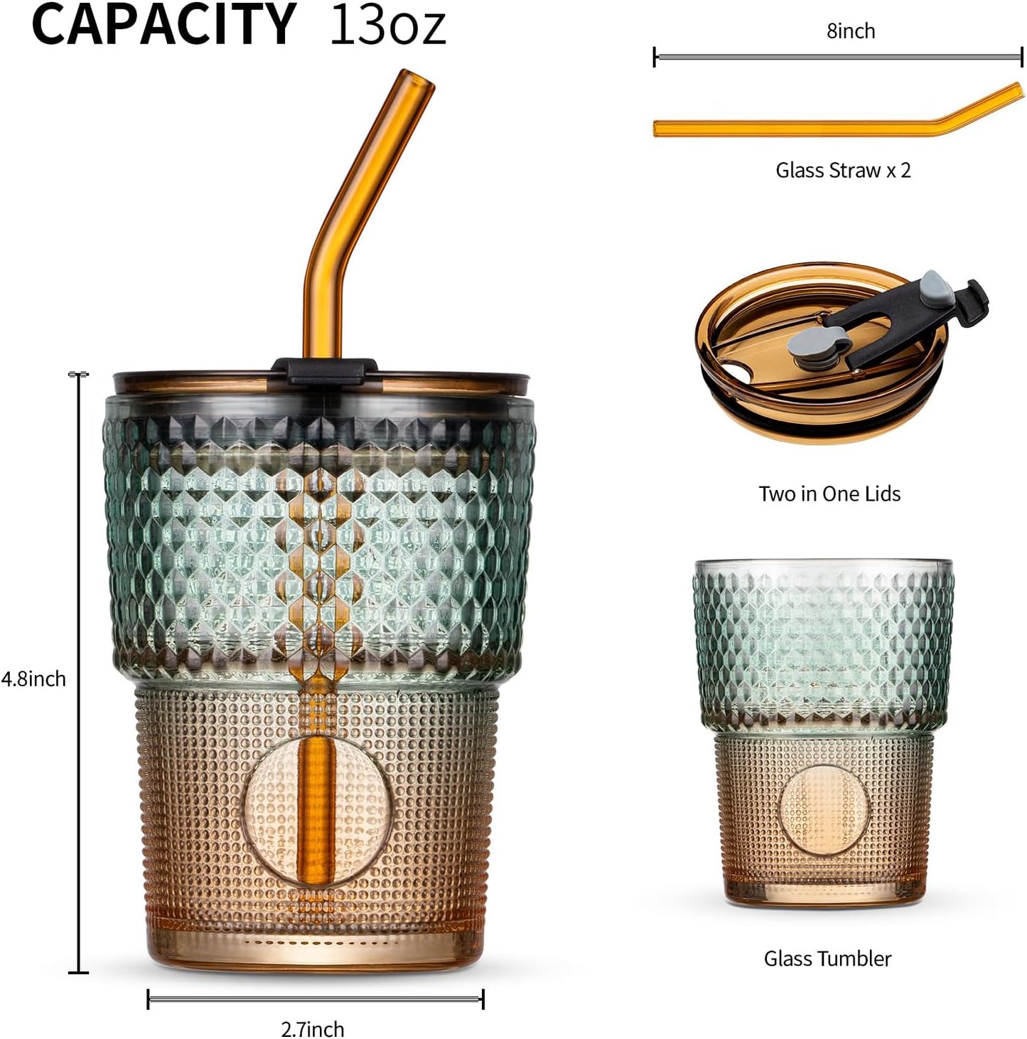 13 Oz Tumbler Water Glass, Water Bottle with Straw and Dustproof Lid, Coffee Ice Cup Double Wall Insulated Glass Cup (Amber-Ribbed)