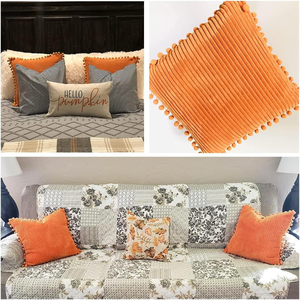 Pack of 2 Corduroy Fall Decorative Throw Pillow Covers with Pom-Poms, Solid Square Cushion Case Pillow Cases Set for Couch Sofa Bedroom Car Living Room (18X18 Inch/45X45 Cm, Orange)