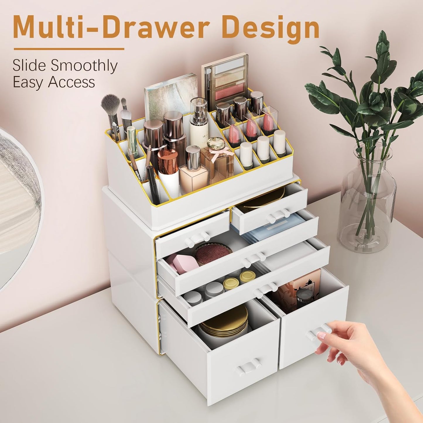 3-Tier 6-Drawer Makeup Organizer Countertop | Cosmetic Organizer for Dresser and Vanity | Bathroom Organizers and Storage for Lipstick Brush Skincare Perfume, Nail Polish(White with Gold Edges)