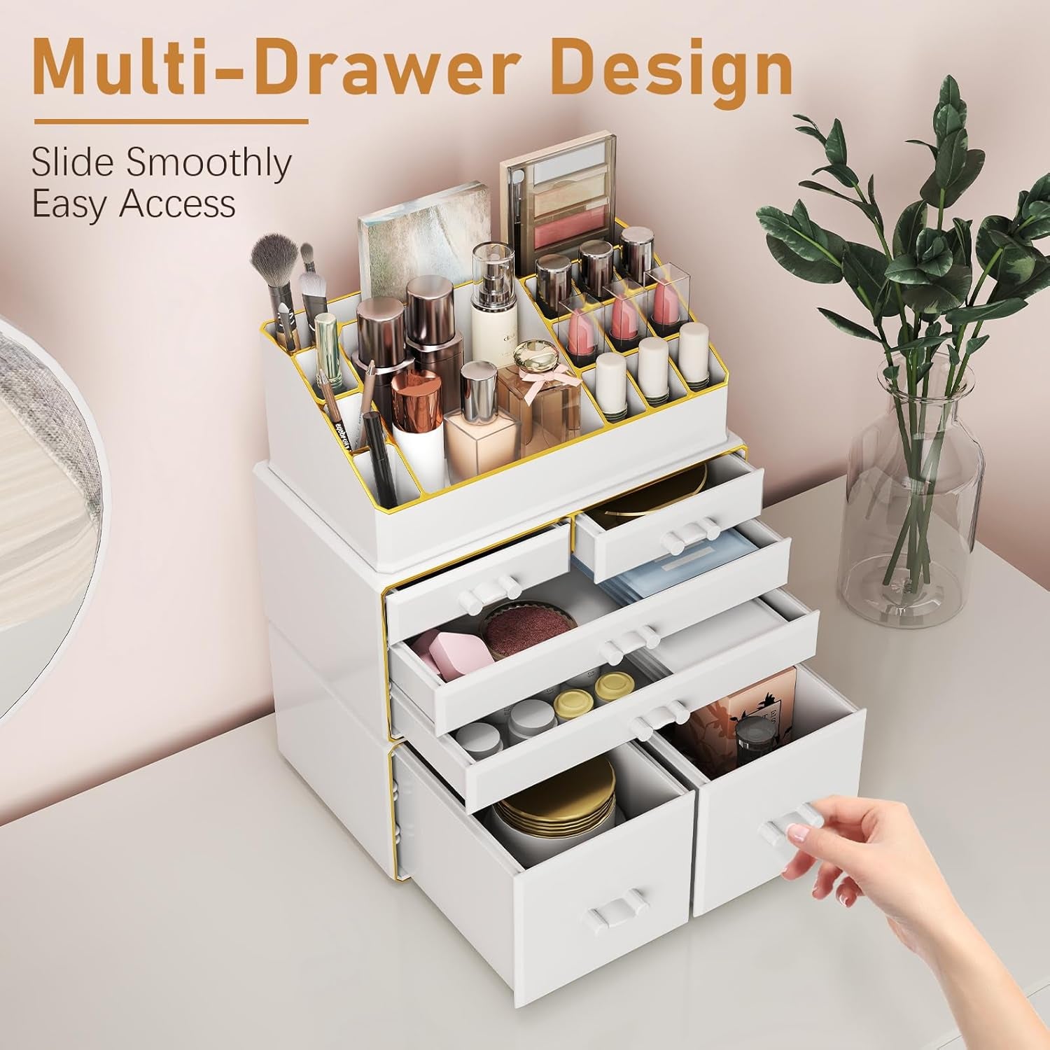 3-Tier 6-Drawer Makeup Organizer Countertop | Cosmetic Organizer for Dresser and Vanity | Bathroom Organizers and Storage for Lipstick Brush Skincare Perfume, Nail Polish(White with Gold Edges)