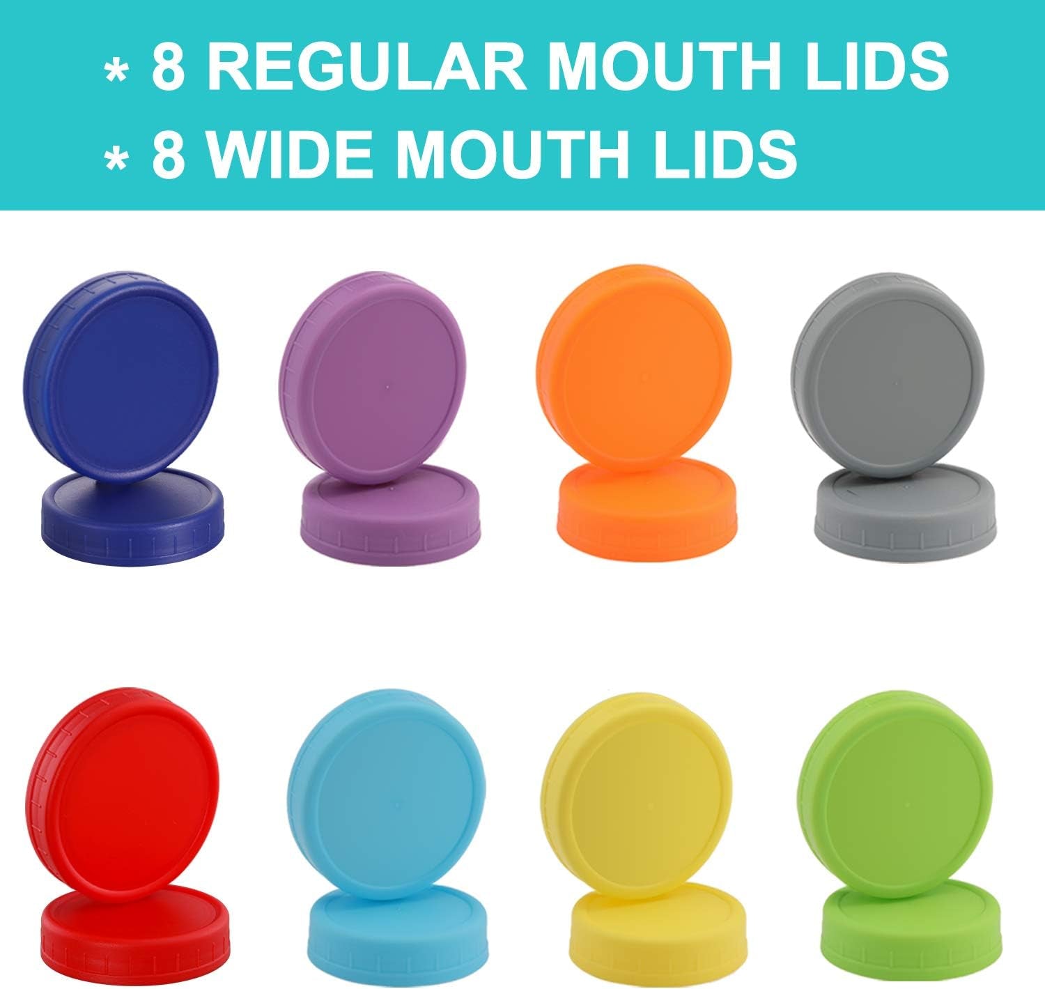 16 Pack Plastic Mason Jar Lids Fits Ball, Kerr & More - 8 Wide Mouth & 8 Regular Mouth - Colored Storage Caps for Canning Jars, Dishwasher Safe & Food Grade & Leakproof