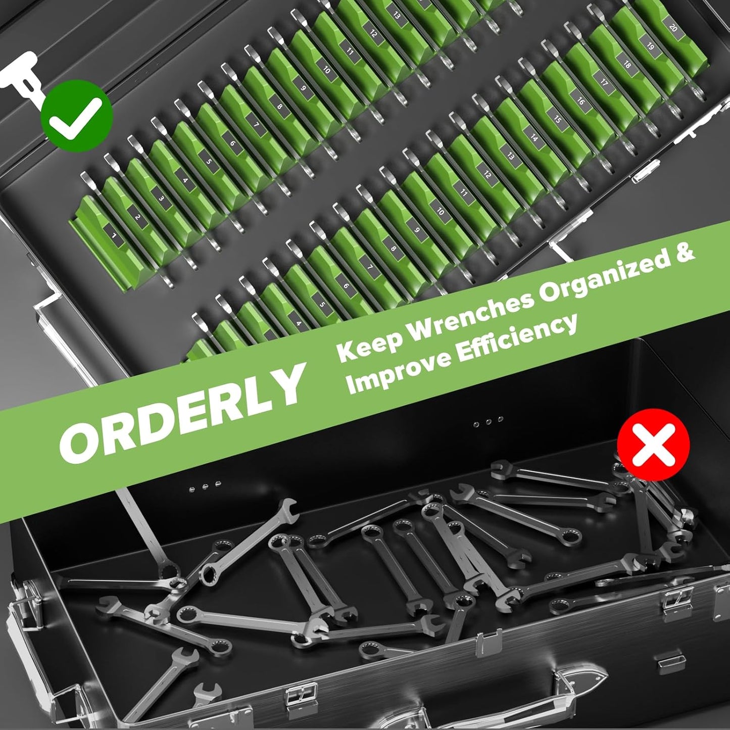 40PCS Modular Wrench Organizer Wrench Holder - Wrench Tool Organizers for Tool Drawer Storage, Wrench Storage Set with Metric & SAE Label, Wrench Rack Tool Gift for Professional Mechanics Men, Green