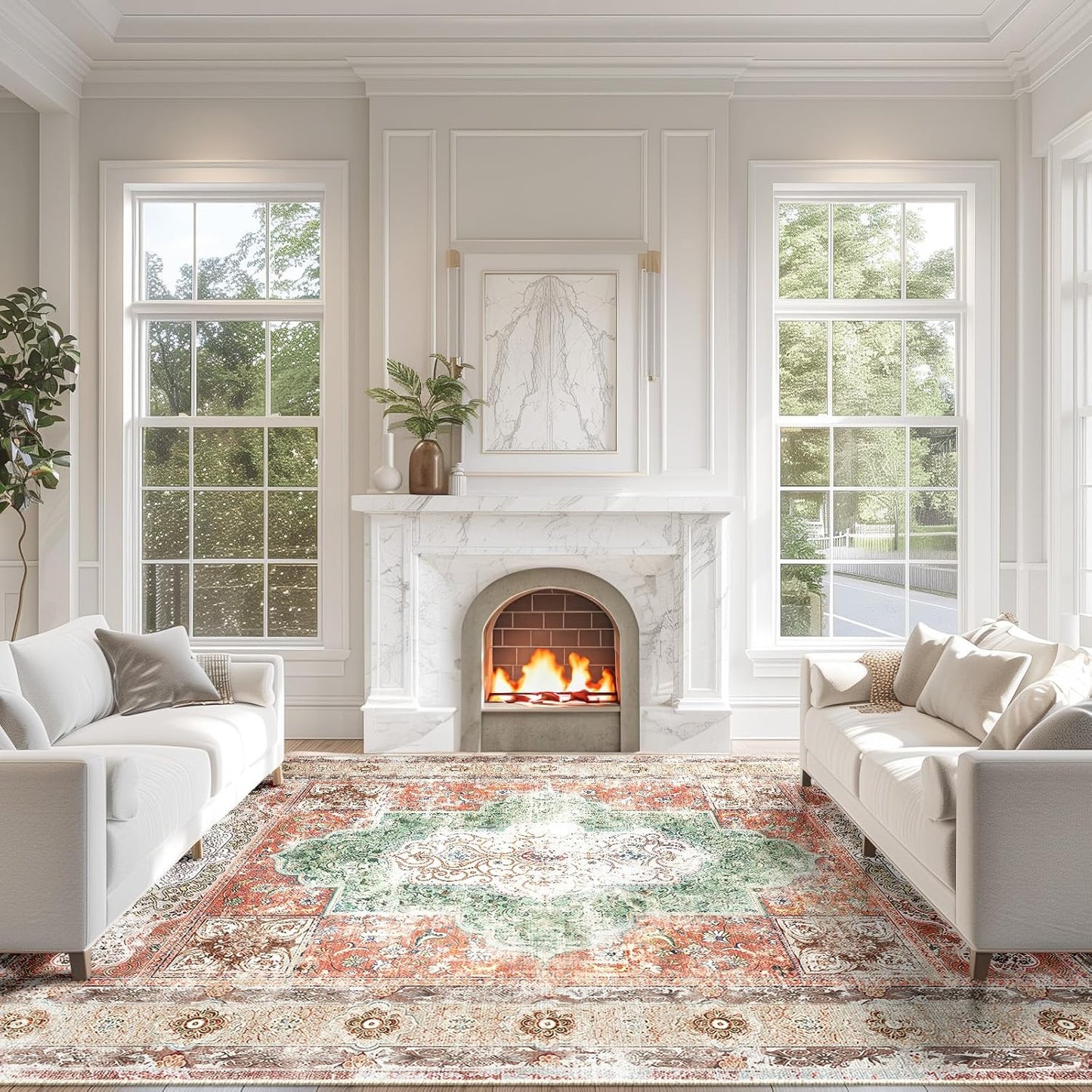 8X10 Area Rugs Machine Washable No Pile Non Slip Vintage Rugs for Living Room&Bedroom&Dinning Room Bohemian Distressed Carpet Indoor,Brick