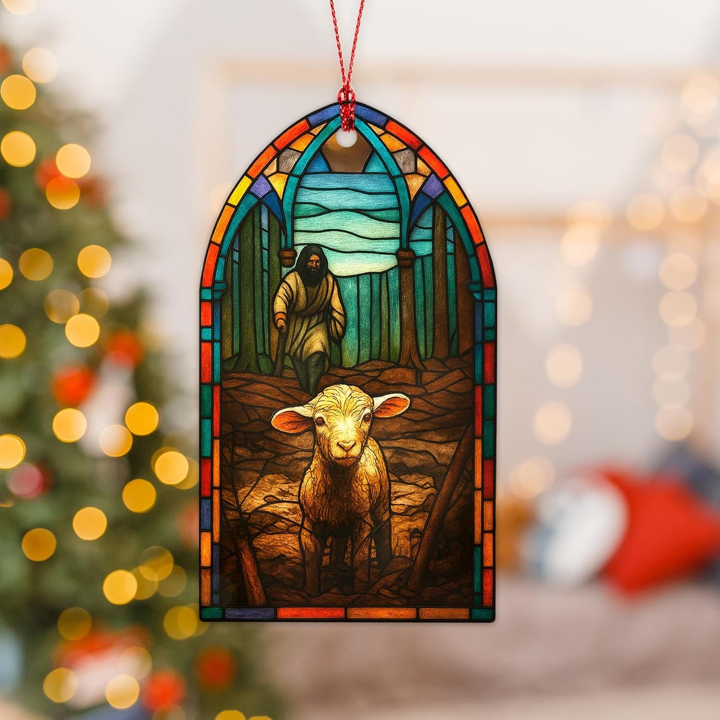 Religious Christmas Ornaments, Christian Tree Decor with Jesus & Lamb Suncatcher Effect, Jesus Ornaments, Christian Ornament, Baptism Gift for Women, Inspirational Holiday Hanging Ornament (Gothic)