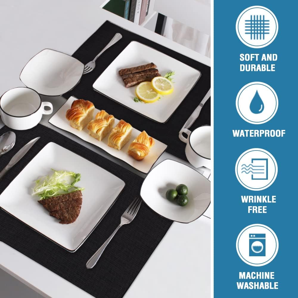 Linen Placemats Set of 4 Premium Solid Table Placemats for Dining Table Spill-Proof Waterproof Table Mats Heat-Resistant Kitchen Table Mats Washable, 12X18 Inches, Black