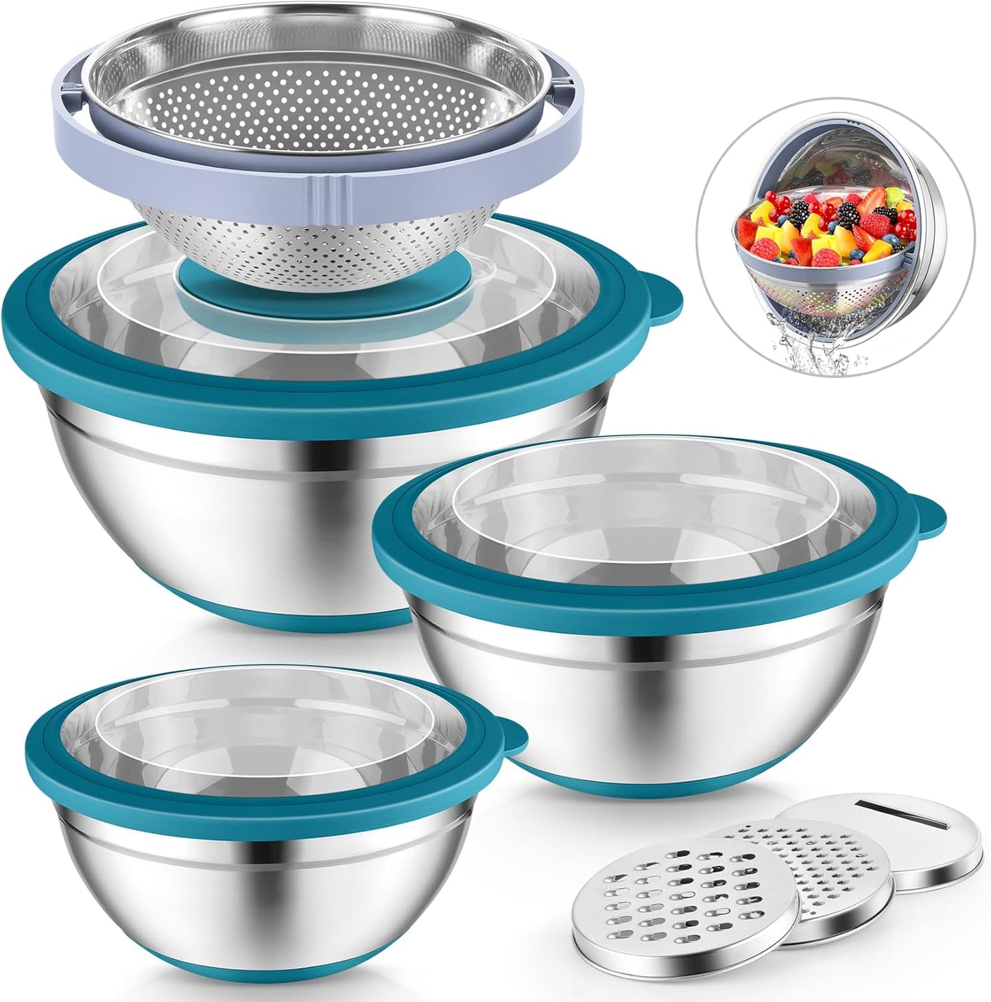 Mixing Bowls with Lids Set of 3, Stainless Steel Mixing Bowl and Colander for Kitchen, 3 Grater Attachments & Non-Slip Bottoms, Visible & Airtight Lid, Blue