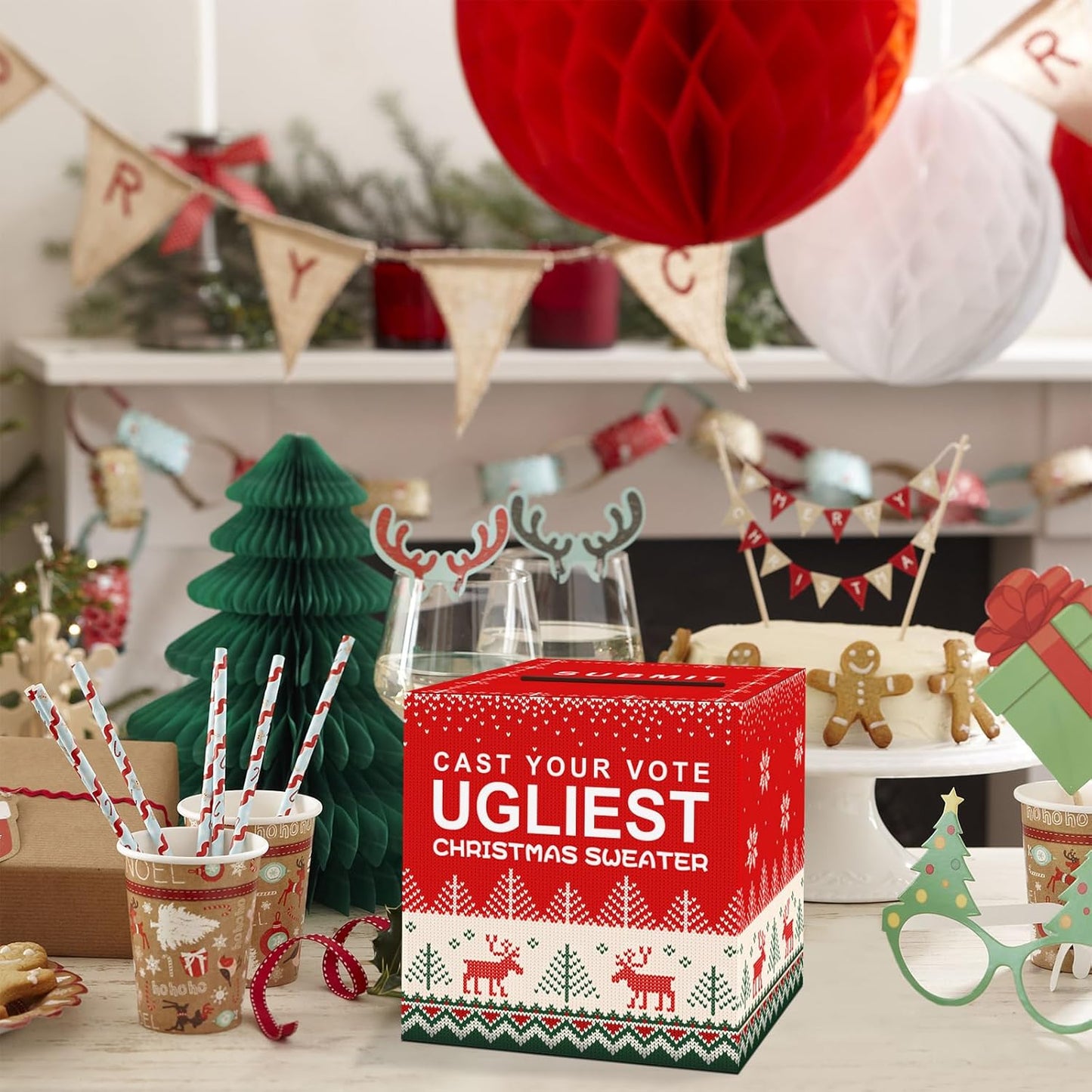 Ugly Sweater Contest Ballot Box, Voting Cards Box Set with 50 Voting Cards Sweater Contest Ballot Box for Christmas Games Party Decorations