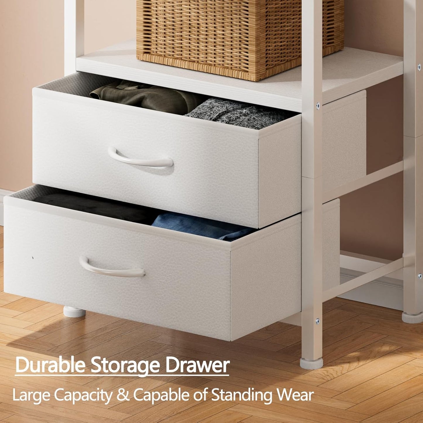 5-Tier Corner Shelf with 2 Storage Drawers, Tall Wood Display Bookcase and Organizer Unit for Living Room and Bedroom, Metal Frame (White)