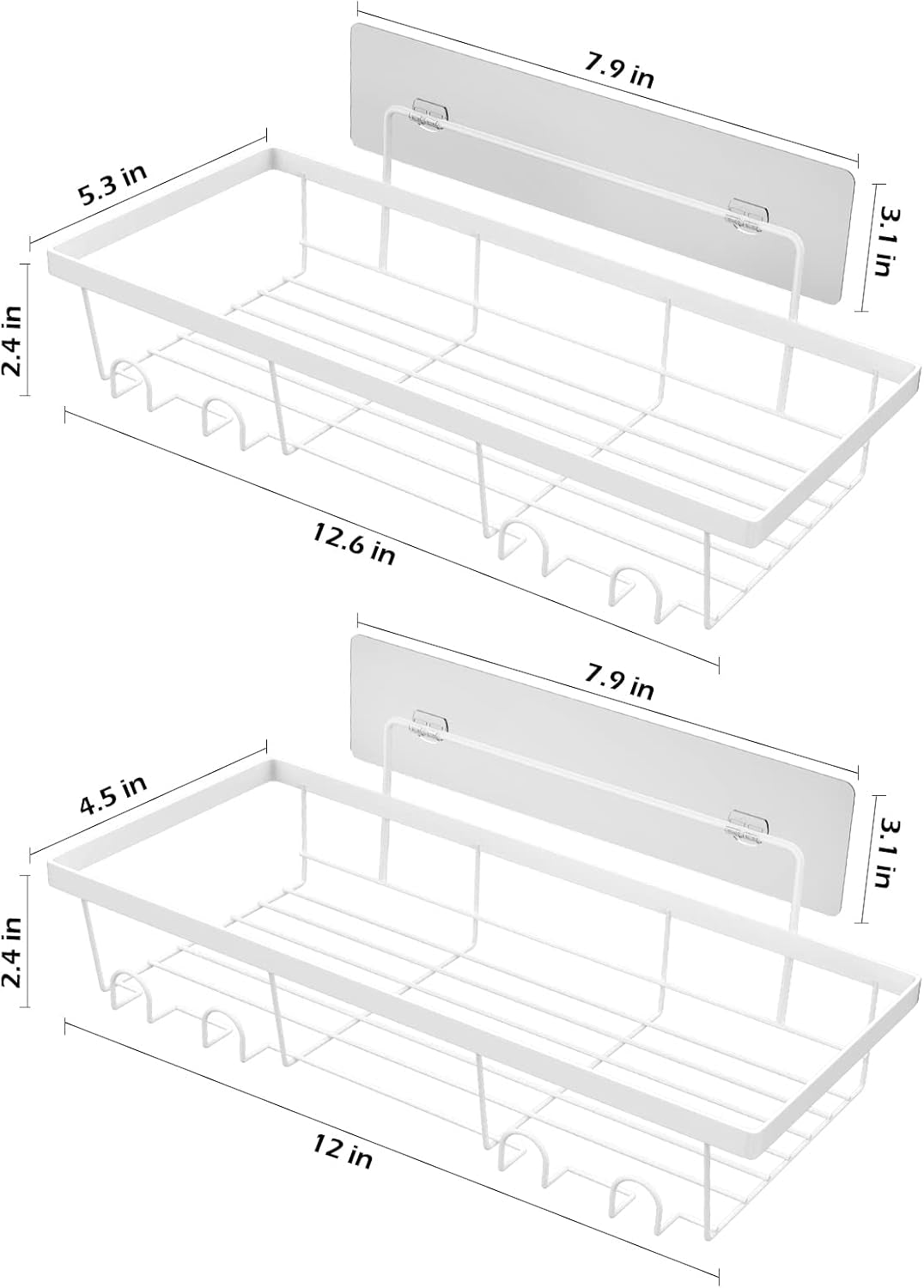 2 Pack Adhesive White Shower Caddy Organizer with Hooks, Rustproof No Drilling Wall Mounted Storage Shelf Rack for inside Shower/Bathroom/Kitchen