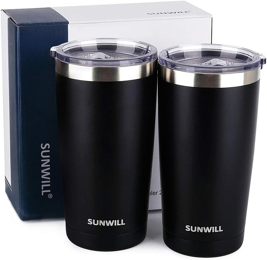 Travel Coffee Mug with Lid, 20 Oz Tumbler Set of 2, Insulated Stainless Steel Cup for Water, Tea, Ice, Powder Coated Black 2 Pack