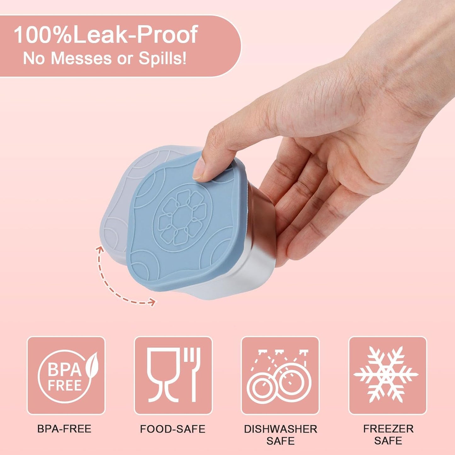 4-Pack Stainless Steel Snack Containers with Silicone Lids - 4.7Oz Reusable Small Food Containers for Snacks Condiments, Salad Dressing Container, Leak-Proof, Bpa-Free