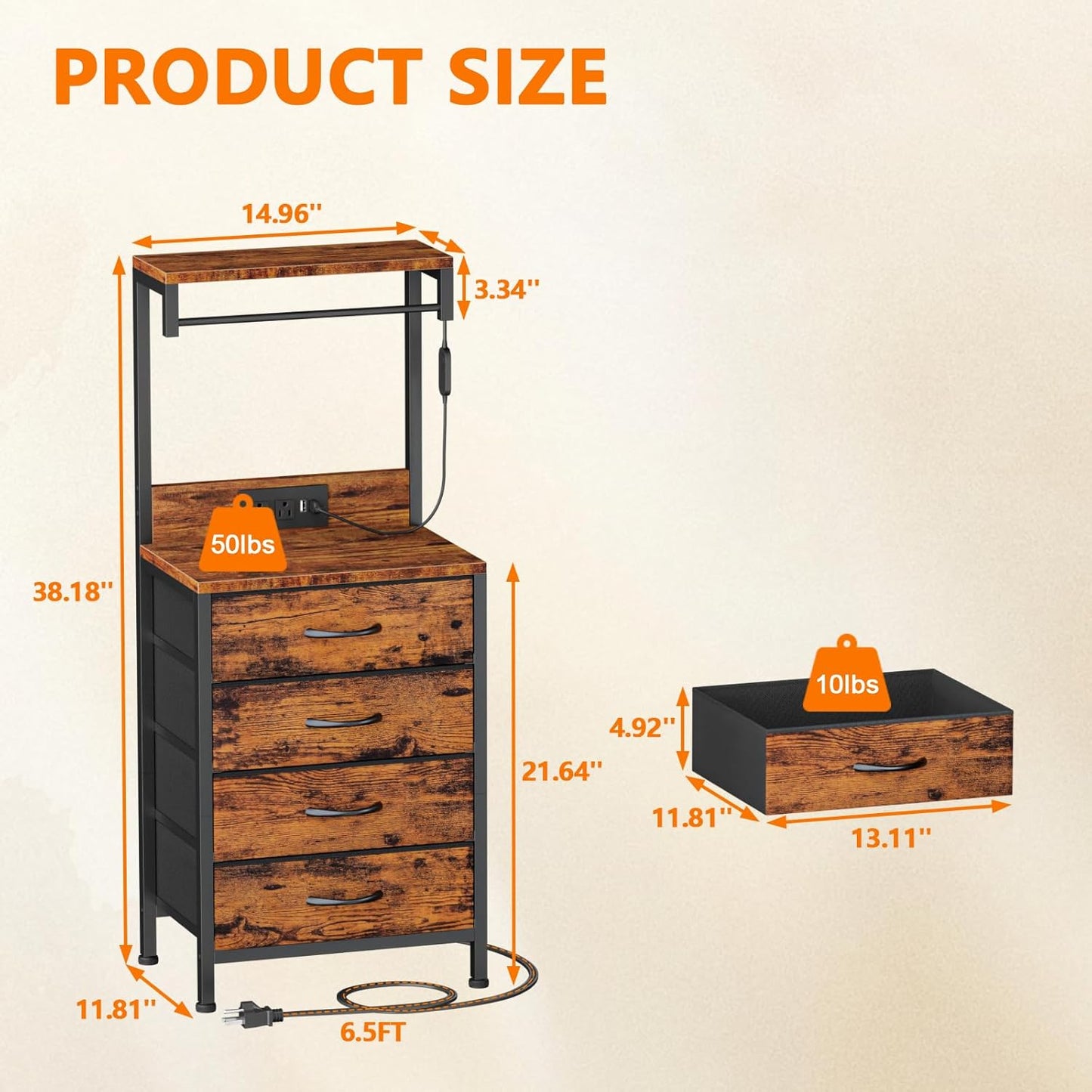 38-Inch Tall Nightstand with Charging Station, 4 Fabric Drawers, LED Lights, and Storage Shelf - Rustic Brown Metal Frame and Wood Shelves for Bedroom or Office