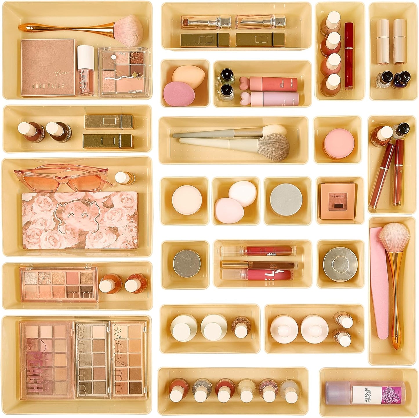 25 PCS Plastic Drawer Organizers Set, 4-Size Versatile Bathroom and Vanity Drawer Organizer Trays, Storage Bins for Makeup, Bedroom, Kitchen Gadgets Utensils and Office