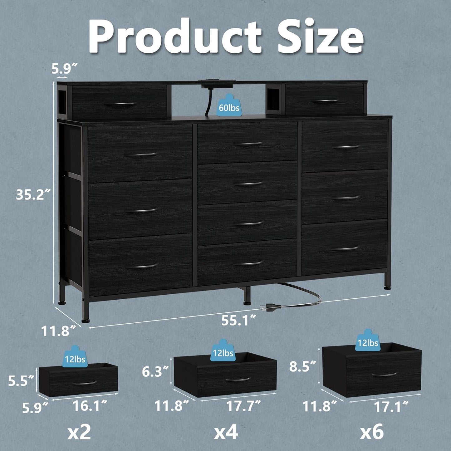 55-Inch Black Dresser with LED Lighting and Power Outlets, Featuring 12 Storage Drawers and 2 Shelves, Ideal for Bedroom, Living Room, or Entryway, Wooden Top with Metal Frame
