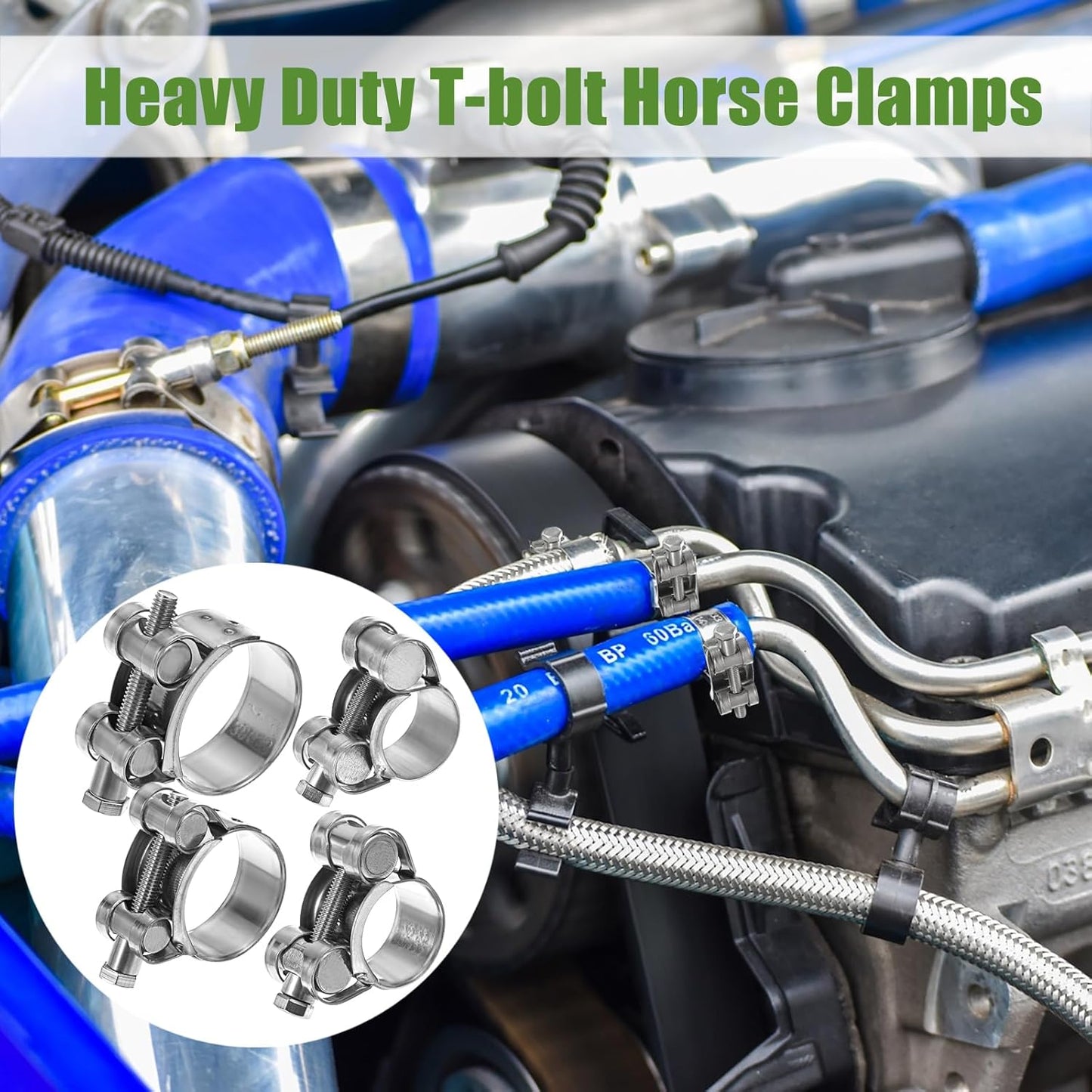 14-Piece Stainless Steel T-Bolt Hose Clamp Set, 7 Size Variations for Turbo Intake, Heavy-Duty Intercooler Pipe and Radiator Hose Applications (17-39mm)