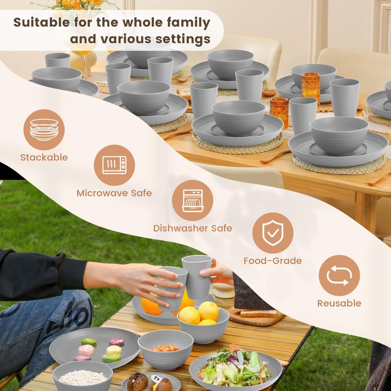 32-Piece Wheat Straw Dinnerware Set for 8 - Unbreakable Grey Plates, Bowls, and Cups, Microwave and Dishwasher Safe, Ideal for Outdoor Camping