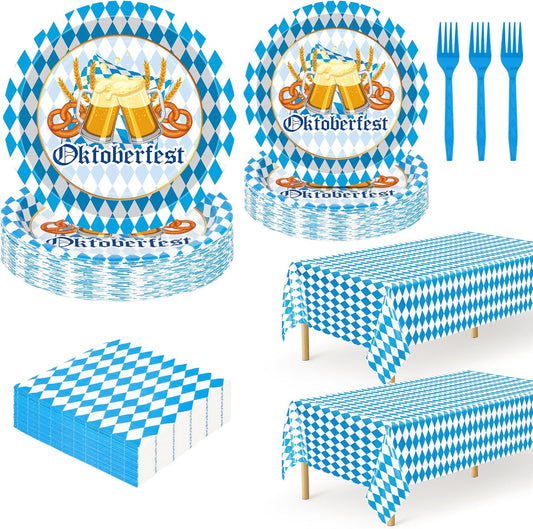 122 PCS Oktoberfest Decorations, Disposable 9" and 7" Blue and White Flag Check Beer Party Plates, Oktoberfest Paper Plates Napkins Forks Tablecover, Beer Festival Party Supplies for German Festival