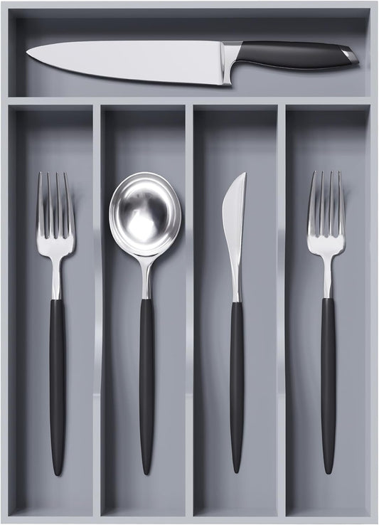 Gray Silverware Organizer 10 in Utensil Organizer Silverware Tray for Drawer Cutlery Flatware Organizer for Kitchen Bamboo Wood