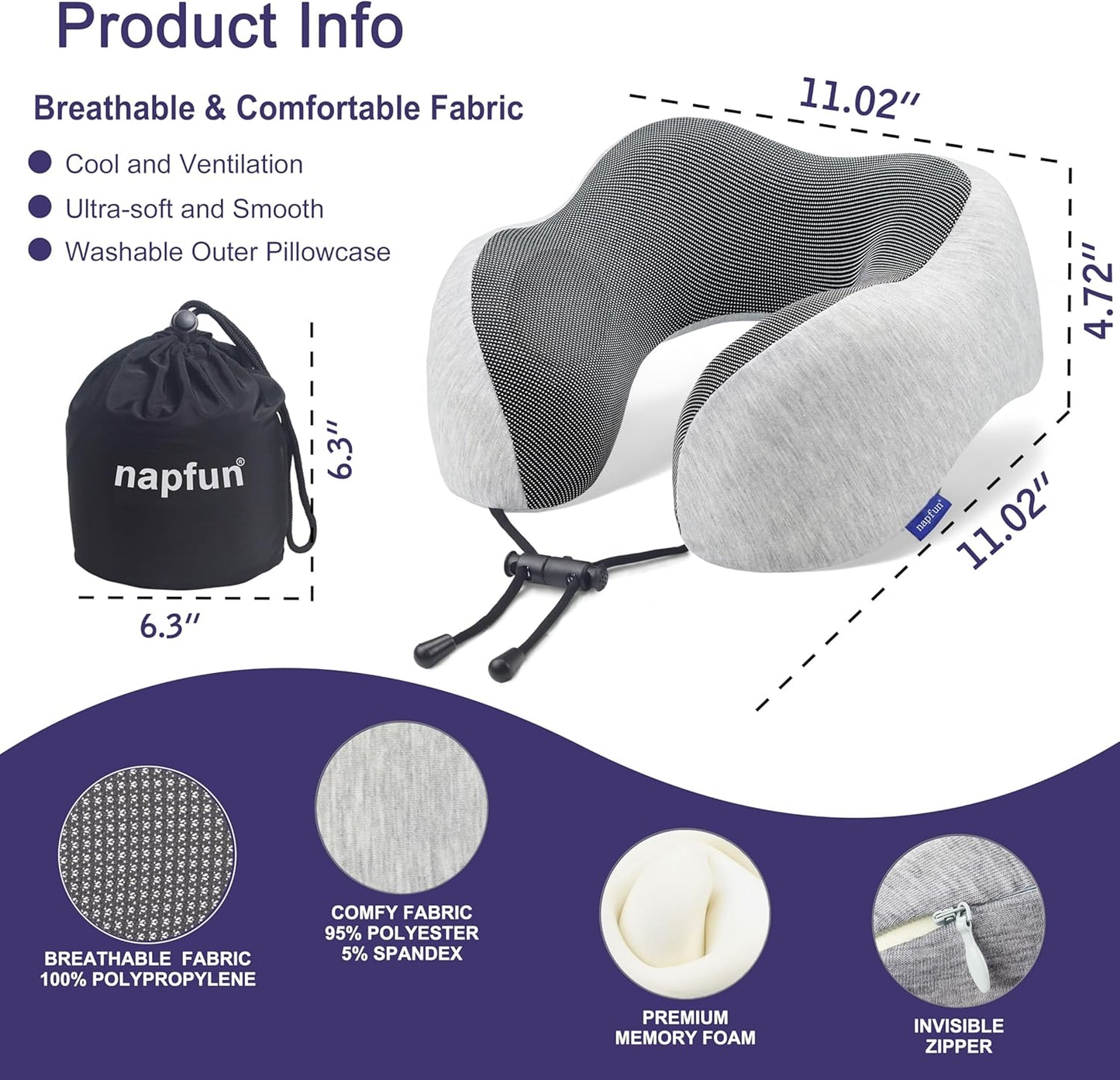 Neck Pillow for Traveling, Upgraded Travel Neck Pillow for Airplane 100% Pure Memory Foam Travel Pillow for Flight Headrest Sleep, Portable Plane Accessories, Light Grey