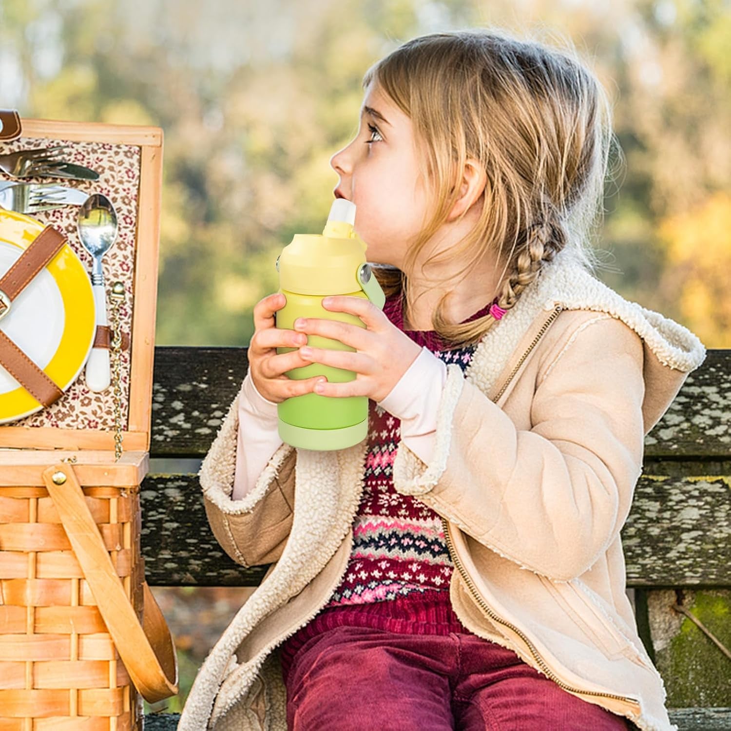 12 Oz Water Bottle, 2 Pack Kids Water Bottles for School, Toddler Cup with Straw & Handle, 304 Stainless Steel Insulated Water Bottle, BPA Free, Gradient Blue+Gradient Yellow