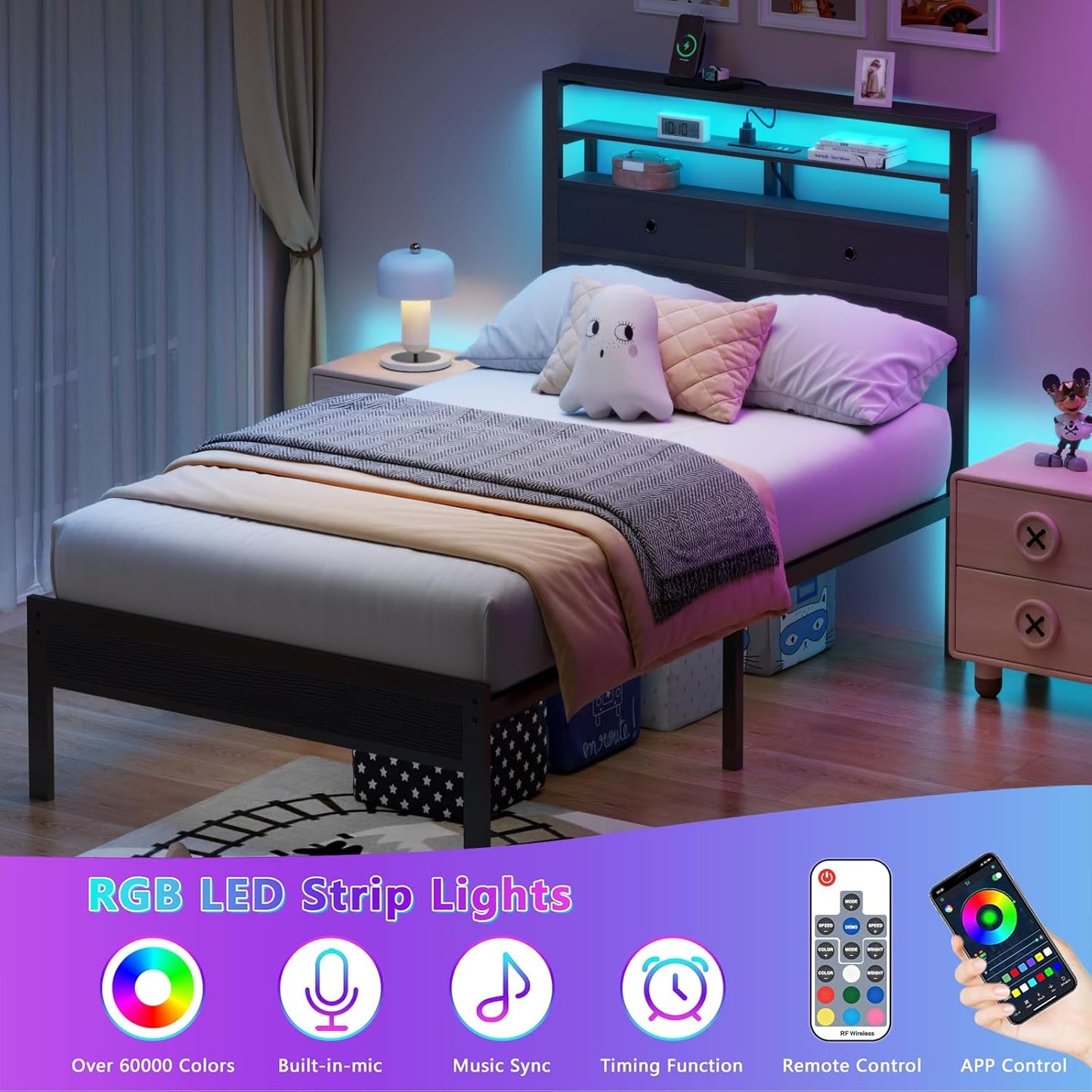 Twin Bed Frame with Integrated Charging Station and LED Lighting, Wooden Headboard Featuring Two Fabric Drawers and Storage Shelves, Twin Size Platform Design with Metal Slats, Box Spring Not Required, Black Oak Finish