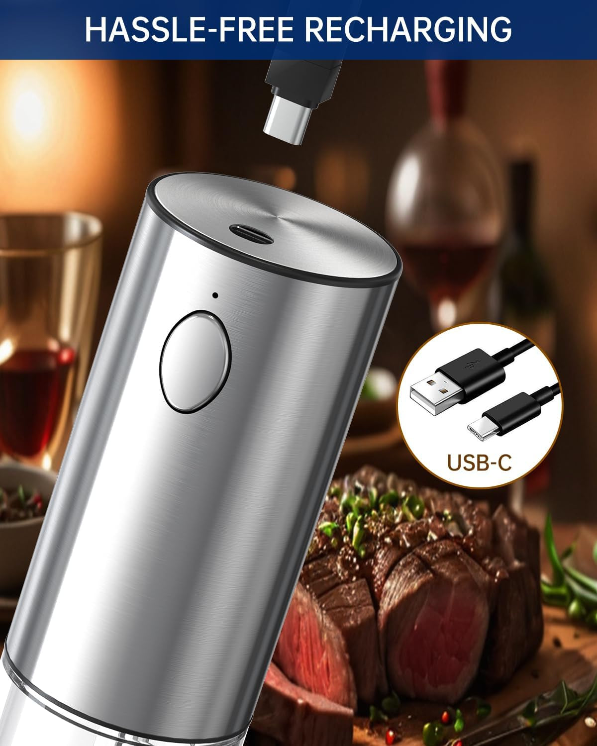 Stainless Steel Electric Pepper Grinder, Rechargeable Pepper Mills with LED Light, 6-Level External Adjustable Coarseness for Easy Use