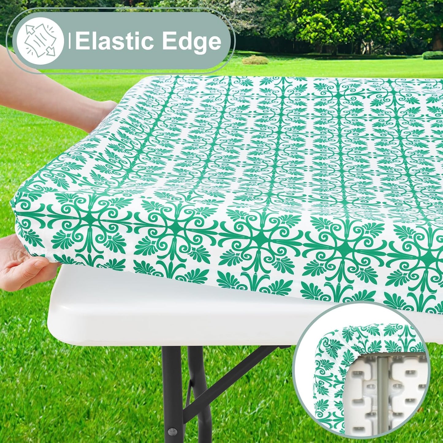 Rectangle Vinyl Table Cloth, Elastic Fitted Flannel Backed Tablecloth, 100% Waterproof Plastic Table Cover Fits 6 Foot Folding Tables for Picnic, Camping, Outdoor (Green, 30" X 72")
