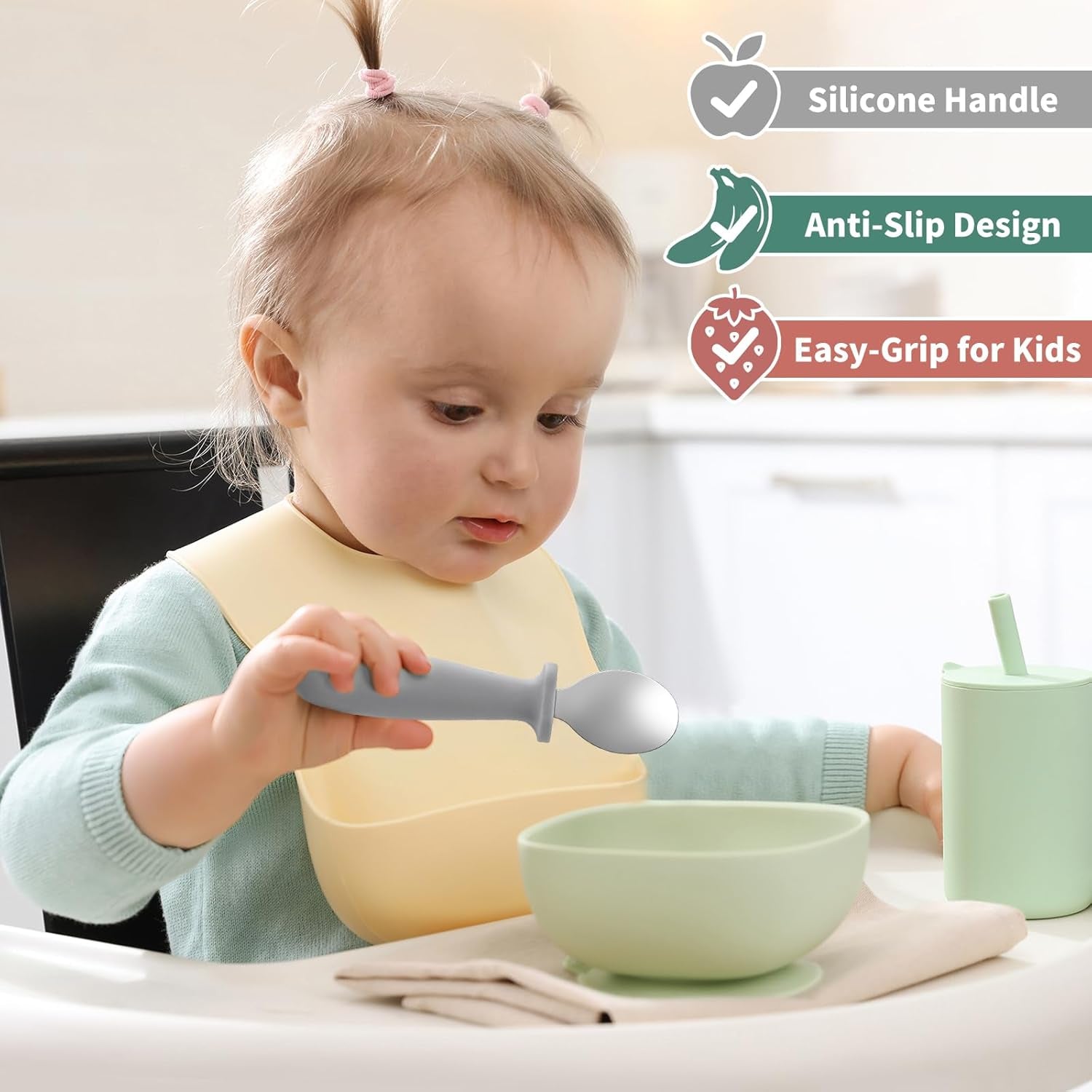 8-Piece Toddler Spoon Set - Safe and Durable Silicone Handle Utensils for Self-Feeding, Made from Food-Grade 18/8 Stainless Steel, Dishwasher Safe with Anti-Choke Design