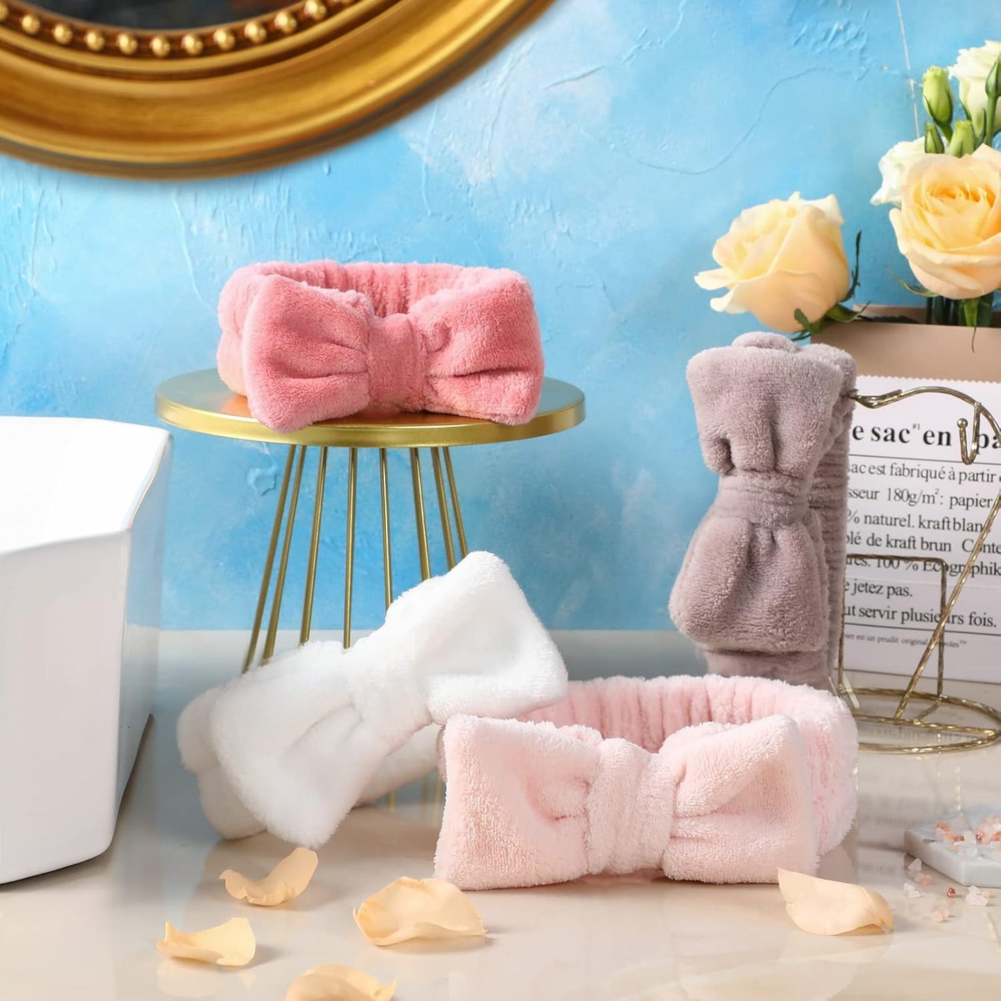 4 Pack Spa Headband for Washing Face, Girls Makeup Bow Tie Hair Band, Microfiber Women Headbands, Elastic Headband to Skincare, Gifts for Teen Girls- White, Brown, Rose Pink, Light Pink